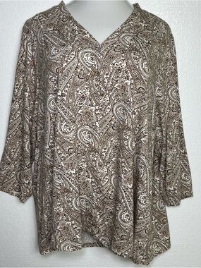 Lands End Knit Top Brown Paisley Ruffles Button Front Shirt size 2X